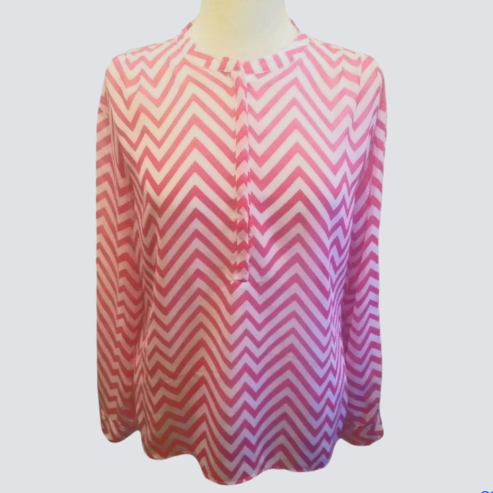 ANA Womens Top Size L Sheer Tab Sleeve Chevron Pullover Pink Blouse